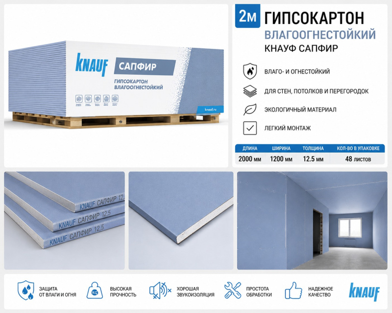 2м Гипсокартон влагоогнестойкий Кнауф Сапфир 2000*1200*12.5 (48)