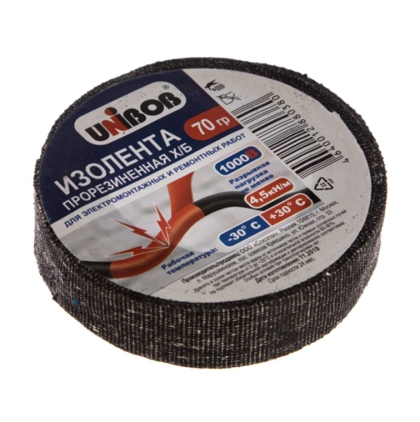 Изолента Unibob ХБ прорезиненная 70г, черная